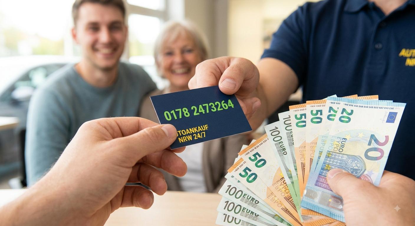Visitenkarte & Bargeld – fester Ansprechpartner, 24/7 erreichbar – Autoankauf NRW 24/7
